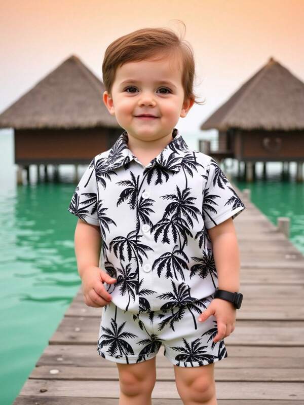 SHEIN 2pcs Toddler Infant Baby Boys Vacation Green Tropical Plant Pattern Short Sleeve Shirt And Elastic Waist Shorts Set, Kid Clothes. Toddler Clothes, Toddler Shirt, Toddler Short ,Baby Set, 6M-3T