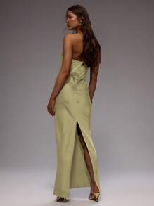 MUSERA 无肩带直筒缎面抹胸长裙，春夏度假优雅婚礼宾客毕业典礼正式场合假日伊比沙岛海滩秋季夜间外出婚礼宾客优雅约会之夜秋季长裙 - 卡其色 - 查看 3