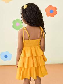 SHEIN Young Girl Pleated Solid Color Snug Fit Casual Dress - Yellow - View 2