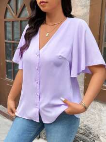 Calvaya Plus Size Solid Color V-Neck Front Button Short Sleeve Blouse