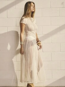 Aralina 女士性感透明蕾丝连衣裙 - 奶油色 - 查看 10