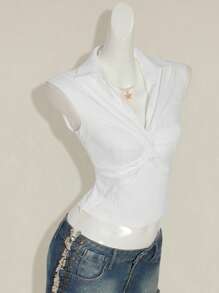SHEIN ICON Women's White Twist Front V-Neck Fitted Cropped Shirt - White - View 6