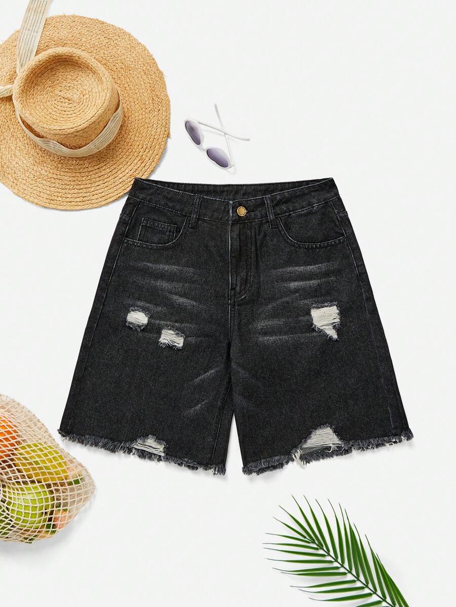 SHEIN Teen Girl Y2K Low Rised Distressed Ripped Frayed Edge Denim Jeans Long Shorts, Spring Summer Vacation Beach Fashion - Black - View 1
