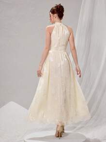 Poshira 女士花卉提花优雅露背晚礼服（装饰版）、派对礼服、舞会礼服 - 杏色 - 查看 3