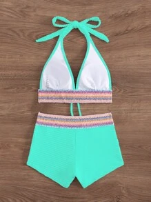 SHEIN Swim 2 chiếc/bộ mới xuân/hè màu xanh lá cây buộc dây xoắn hở lưng crop top và quần short, đồ bơi bikini dự tiệc bãi biển giản dị cho nữ - Màu xanh Bạc hà - Xem 4
