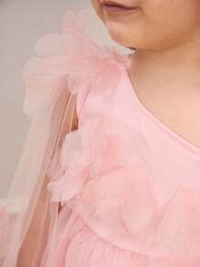 SHEIN Glamorique Kids 女童派对礼服公主裙花卉刺绣单肩网纱拖尾婚礼花童礼服，粉色 - 粉色 - 查看 5