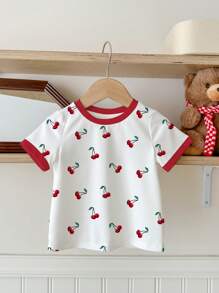 SHEIN かわいいチェリー柄レトロスタイルパッチワーク ラウンドネック 半袖Tシャツ、カジュアルでキュートな夏の女の子向けトップス - マルチカラー - チェックする 2