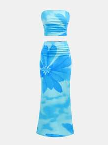 Girlism Set de 2 piezas de top corto y falda larga ajustada con estampado floral tropical, estilo vacacional para adolescentes