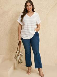 EMERY ROSE Plus Size Women's Summer Striped V Neck Batwing Sleeve Short Sleeve Casual T-Shirt Tunic Top, Fashionable And Elegant Summer Dress, Business Casual Women's Dress, Women's Graduation Dress, Women's Wedding Guest Dress, Graduation Dress, Women's Work Dress,Going Out Tops - Apricot - View 5