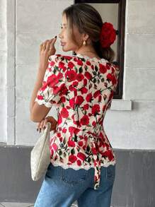 Pariaura 女式法式短袖花卉蕾丝衬衫 - 紅色 - 查看 2