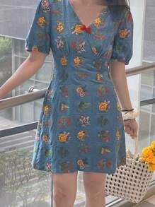 DAZY V-Neck Bow-Decor Short Sleeve Floral Embroidery Elegant Mini Dress For Women, Summer Vacation - Blue - View 7