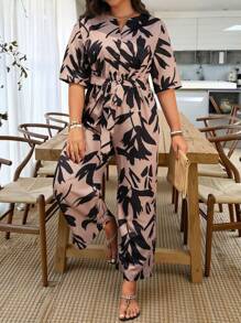 EMERY ROSE 夏季时尚休闲度假半袖系带腰蝴蝶结连体裤 - 棕色 - 查看 1