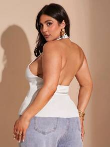 SHEIN BAE Plus Size Women's Contrast Color Front Tie Halter Neck Knit Top,Black And White,Summer,Elegant,Girlism,Night Valentines Vacation Boho Crop Tops - White - View 3