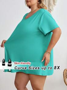 SHEIN CURVE+ 大码纯色休闲短袖T恤，夏季/乡村/海滩度假/沙滩装 - 水鴨藍 - 查看 10