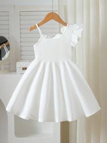 Young Girls White Beaded Floral Decor Waist Flared A-Line Dress, Fashion Suitable For Birthday Party, Summer Summer Holiday