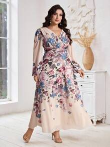Modelyn Plus Size Women Floral Print Surplice V-Neck Lantern Sleeve Elegant Dress,Flowy Dress - Multicolor - View 2