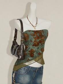 SHEIN ICON 波西米亚风格植绒面料网眼面板不对称下摆紧身胸衣上衣