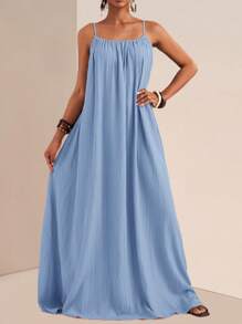 Slaydiva Đầm không tay màu trơn dáng rộng, cỡ lớn, thích hợp mặc mùa hè, váy hè cho nữ. - Màu xanh lam - Xem 1