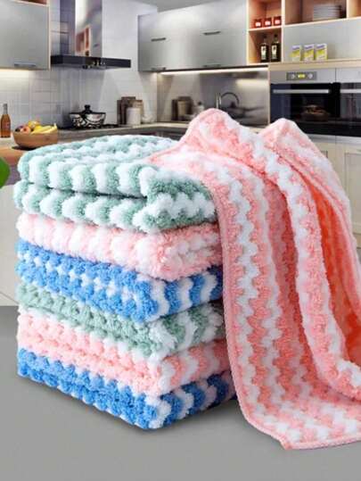 SHEIN 5pcs/10pcs Assorted Thickened Wavy Ion Kitchen Dish Cloth, Stripe Coral Fleece Cleaning And Degreasing Non-Stick Cleaning Cloth,Kitchen,Bathroom,Home,Household Suppliers