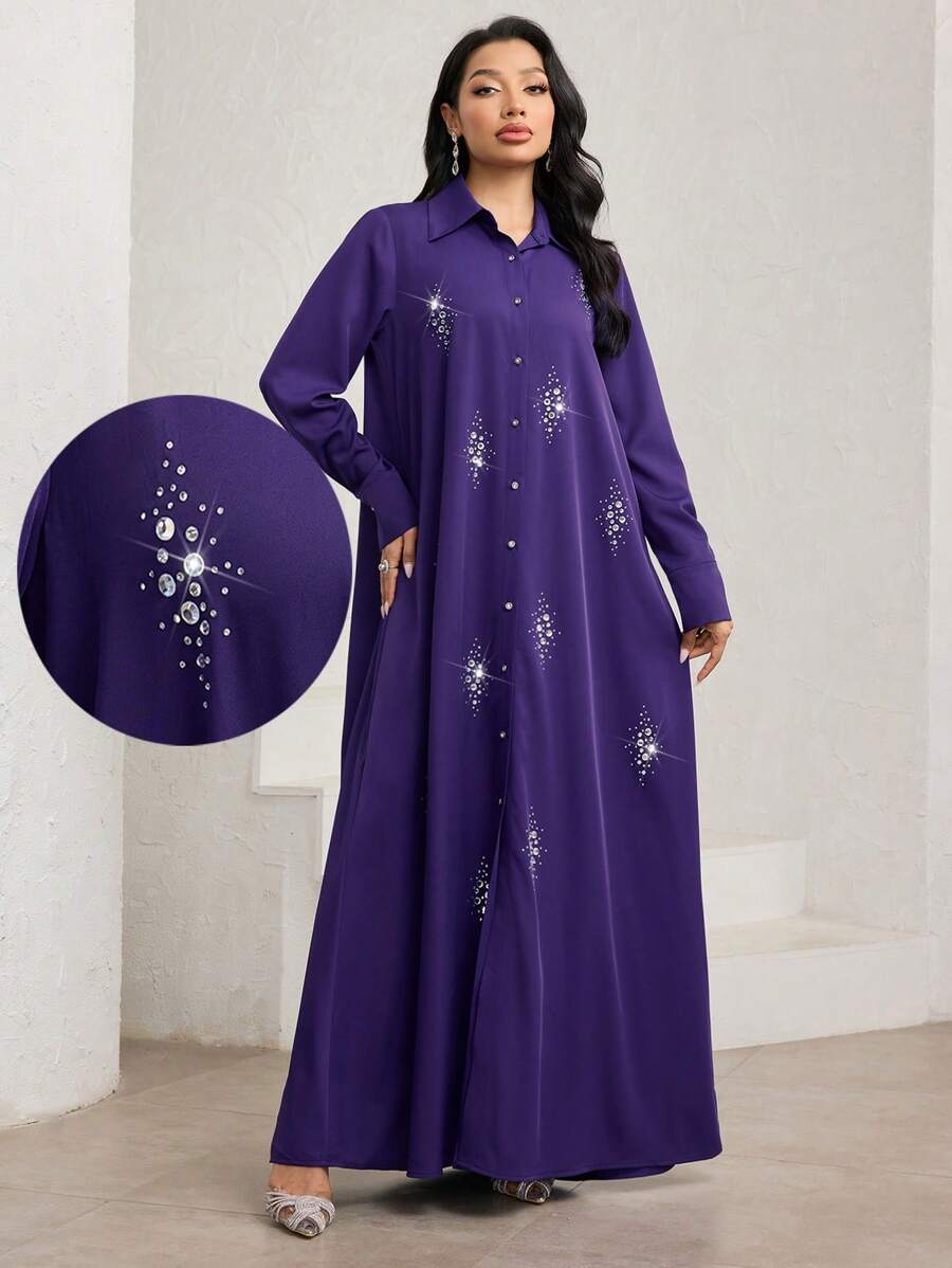 Veilorie Women's Elegant Rhinestone Embellished Dress, Modest - Purple - View 1