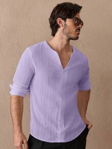 GENTILAND Men's Casual Woven Notched Solid Color Long Sleeve Purple Shirt