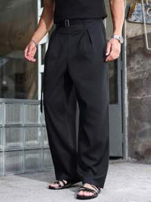 Manfinity Roghcode 男士黑色高腰褶皱阔腿裤，秋季 - 黑色 - 查看 6