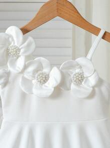 Young Girls White Beaded Floral Decor Waist Flared A-Line Dress, Fashion Suitable For Birthday Party, Summer Summer Holiday