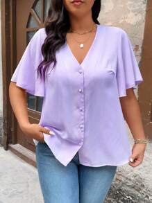 Calvaya Plus Size Solid Color V-Neck Front Button Short Sleeve Blouse