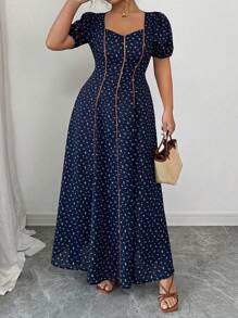 Elenzga 加大码编织碎花随意剪裁优雅连衣裙，立领泡泡袖，腰部荷叶边下摆，A 字长裙，百搭花园派对，外向，独特设计，超值