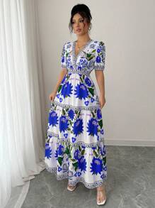 Elenzga Women's Floral Print V-Neck Puff Sleeve Elegant Dress For Resort - Multicolor - View 3