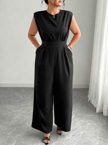 Elenzga 大码女式优雅纯色无袖黑色连体裤 - 黑色 - 查看 1