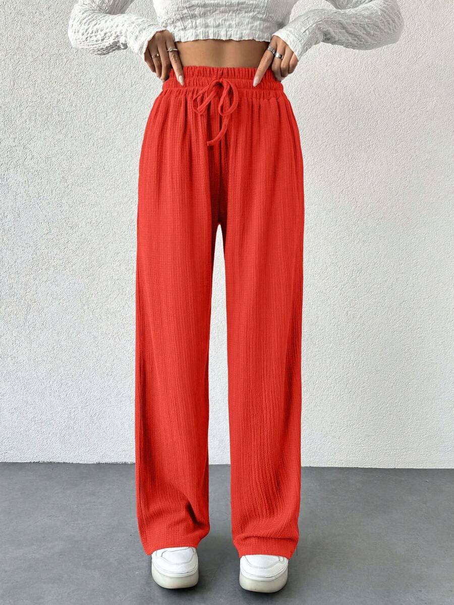 SHEIN Cottnline Wide Leg Pants For Women With Drawstring, Elastic Waistband, Relaxed Fit Design - Orange - View 1