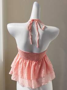 Elamini 粉色甜美海滩度假风格褶皱抹胸领口荷叶边下摆上衣，适合春夏季 - 粉色 - 查看 2