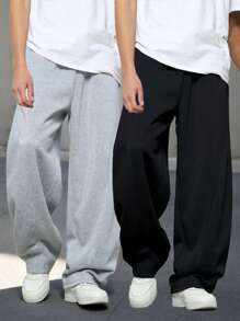 2pcs Youth Spring/Summer Casual Versatile Sports & Loungewear Straight Fit Sweatpants In Grey & Black