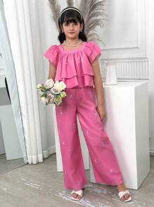 2pcs Tween GirlsCasual Floral Embroidered Ruffles Sleeve Top & Pants Set, Summer - Pink - View 7