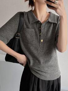 FRIFUL Women's Fitted Polo Collar Metal Button Decor Short Sleeve T-Shirt, Summer Ribbed Shirt Collared Shirt Knit Top Summer Top Preppy Top