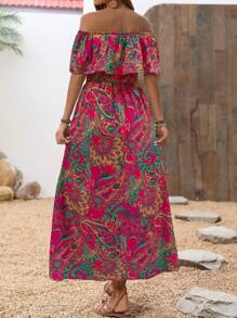 Breezaya Women's Flora Print Off Shoulder High-Low Hem Dress With Ruffle Trim Maxi Vacation Beach Outfit - Multicolor - View 2