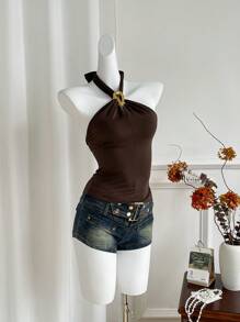 Elamini Women's Brass Metal Clasp Spaghetti Strap Top, Spring/Summer,Casual Daily Wear - Coffee Brown - View 4