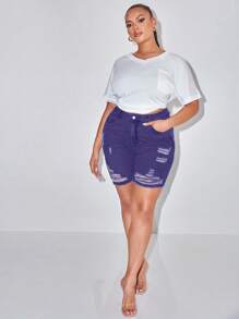 SHEIN SXY 大码夏季休闲水洗破洞牛仔短裤 - 紫色 - 查看 5