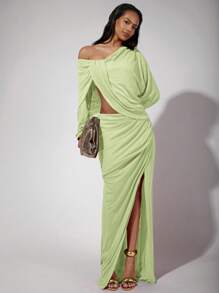 COSMINA Women's Solid Color Asymmetric Neck Long Sleeve Pleated Side Slit Dress