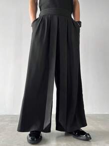 Manfinity Roghcode , 男士纯色褶皱口袋休闲时尚长裤, 阔腿, 宽松黑色裤子, 宽松裤子, 宽松正装裤男士, 男士阔腿裤 - 黑色 - 查看 4