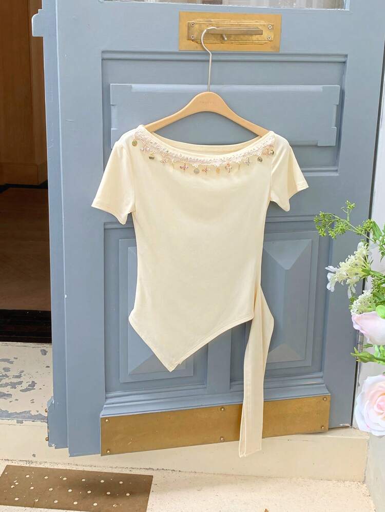 Women's Summer Asymmetric Shoulder Boho Sequin Patchwork Short Sleeve Fitted Asymmetrical Hem Elegant T-Shirt