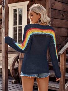 LanaWest Áo len dệt kim khoét lỗ họa tiết sọc phong cách đồng quê dành cho nữ, đi nghỉ mát, thường ngày, màu sắc tương phản, thu đông - Màu xanh lam - Xem 2