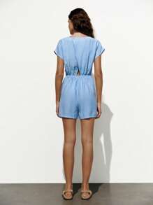 Lumivelle 女士亚麻混纺蝴蝶结裹身阔腿连体裤 - 藍色 - 查看 2