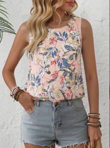 EMERY ROSE 休闲女式夏季度假圆领树叶花朵装饰背心 花卉背心 女式夏季上衣 女式夏季上衣 花朵上衣 夏季背心