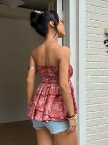 SHEIN Unity 女式夏季休闲度假深色佩斯利印花多层不对称荷叶边下摆抹胸上衣 - 紅色 - 查看 2