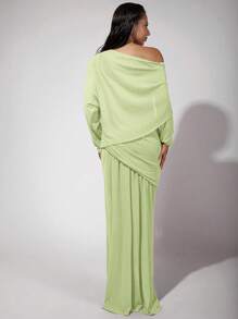 COSMINA Women's Solid Color Asymmetric Neck Long Sleeve Pleated Side Slit Dress