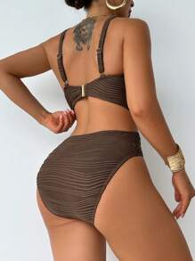 Swim DD+ Bộ bikini màu trơn cổ chữ V sâu cạp cao cho nữ, đi biển mùa hè - màu nâu - Xem 2