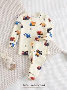 Cozy Pixies Pijama 2 Peças Ajustado, Top de Manga Longa Gola Redonda Macia com Estampa de Carro de Desenho Animado para Menino Bebê e Calça Longa Cintura Elástica com Ajuste Slim