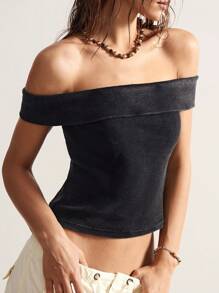 Bohemela Casual Solid Color Knitted Off The Shoulder Cropped Women Top - Black - View 4
